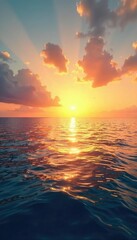 Vast, tranquil Pacific Ocean horizon at sunrise Golden light paints the sky, reflecting on the calm water Perfect for travel, nature, or serenity themes , beach, morning, color