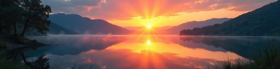 Serene sunrise over a tranquil lake, reflecting the peaceful beauty of creation Perfect for religious themes, inspirational projects, or peaceful imagery , creation, light