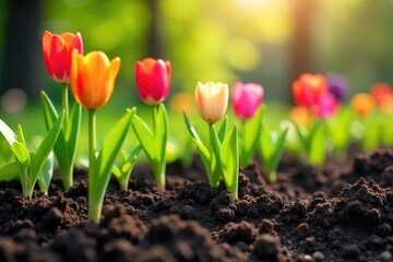 A vibrant spring garden bursting with color as seedlings emerge from freshly tilled soil Sunlight streams down, illuminating the lush green shoots and blooming flowers , sun, botany