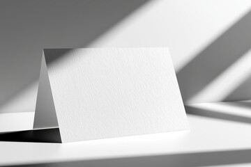 Blank folded card mockup standing on white surface with dramatic diagonal shadows, minimalist design for invitation, branding, or product presentation
