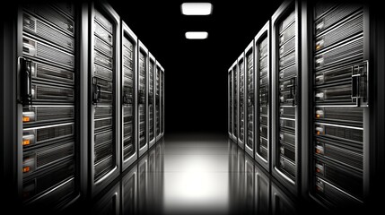 Modern data center interior with rows of server racks in a high-tech environment