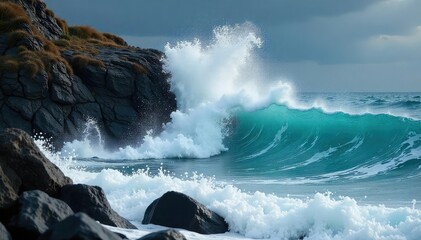 A powerful surge of water pushes against a sturdy rock formation, demonstrating the relentless force of nature The scene is dramatic and evokes a sense of raw power and endurance , rough, strong