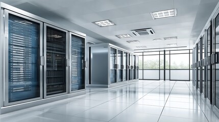 Modern data center interior with server racks and large windows providing natural light