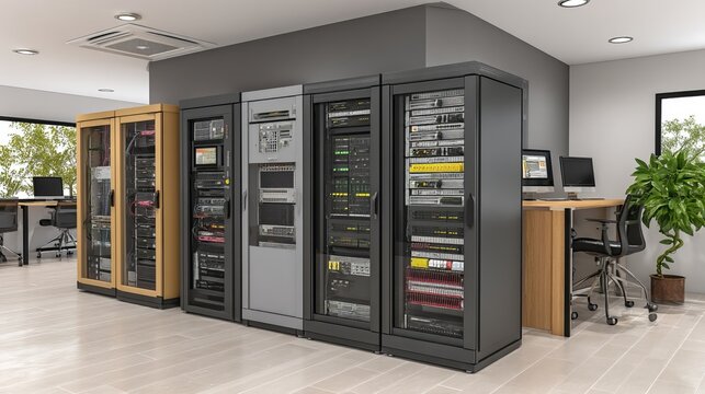 Modern data center interior with server racks and network equipment in a professional environment