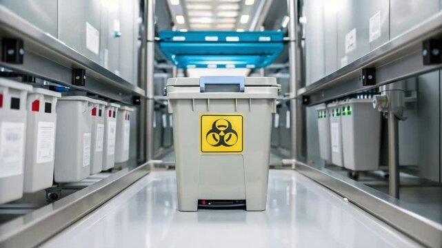 Biohazard waste container in vaccine production facility clean room environment ensuring safe disposal of medical waste with strict safety protocols