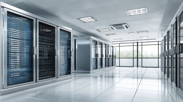 Modern data center interior with server racks and large windows providing natural light