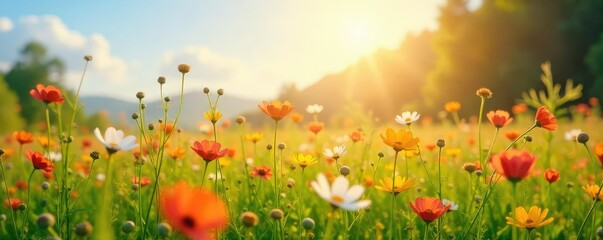 A vibrant, sun-drenched field of wildflowers swaying gently in the breeze, a cheerful scene perfect for representing joy, optimism, and the beauty of nature , spring, peaceful, tranquil