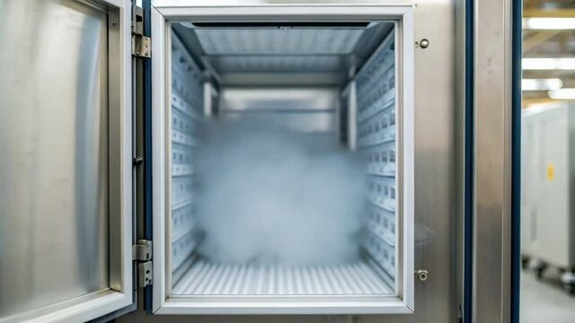 Cryogenic freezer fog inside vaccine production facility creating cold storage preservation environment for safe medical product storage