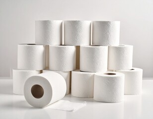 잘 정리되어 쌓여있는 두루마리 화장지, 그 앞에 바닥에 살짝 풀려있는 것도 있음 A neatly organized stack of toilet paper rolls, with some slightly unraveled on the floor in front of them.
