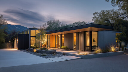 Obraz premium Modern home at dusk with warm interior lights, minimalist design. Cozy contemporary living in harmony with twilight.