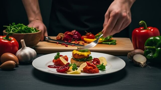 Chef plating food with style and finesse, culinary art presentation, gourmet dining, elegant cuisine, professional kitchen creativity