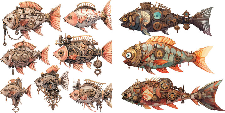 steampunk fish watercolor clipart | steampunk fish clipart for graphic resources