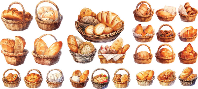 breads in basket watercolor clipart | breads in basket clipart for graphic resources