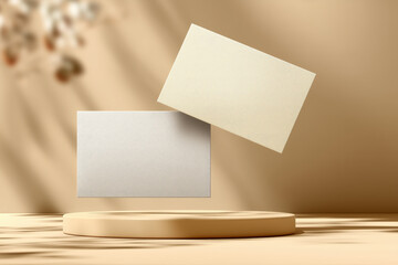 Two floating blank business cards on beige pedestal with warm natural lighting and floral bokeh, elegant branding mockup for skincare, wellness, or organic product design