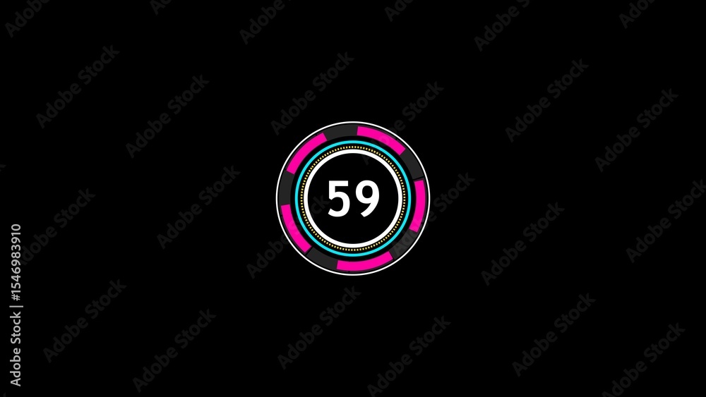 Poster abstract digital countdown clock displaying number fifty nine inside a circular design with neon col