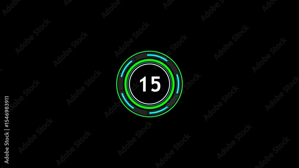 Poster futuristic digital countdown timer graphic featuring the number 15 in a circular animated user inter