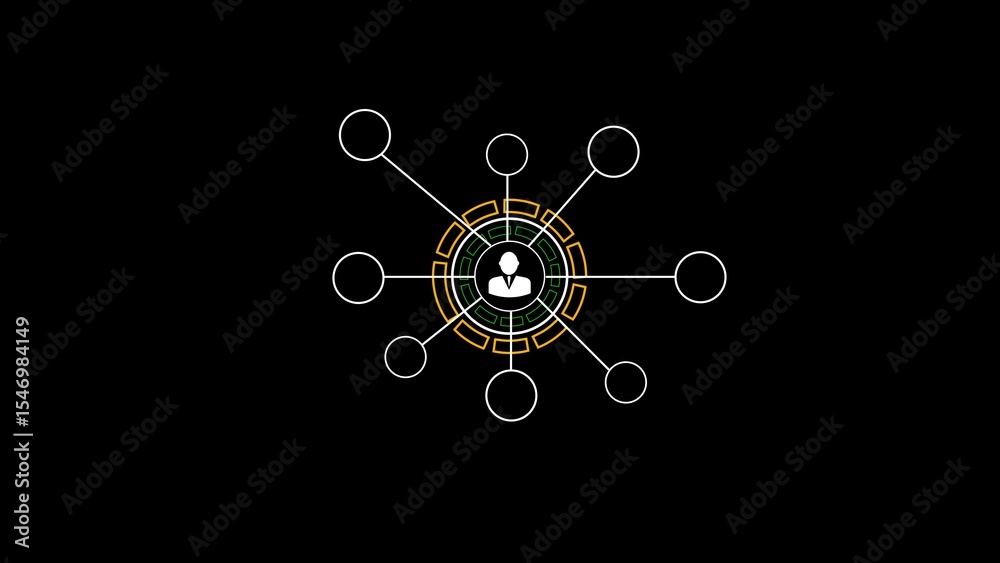 Poster digital network concept with user icon in the center representing connection and data flow on a blac
