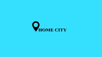 Simple graphic depicting home city location with a black pinpoint and text on a bright turquoise background