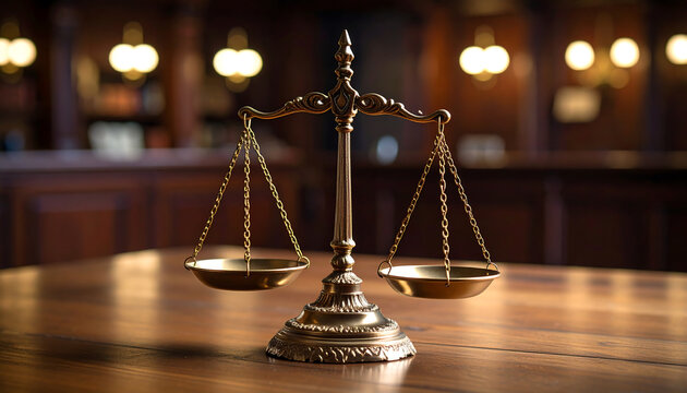 Classic brass scale of justice on a dark wood table in an ambient light setting for legal and ethical themes