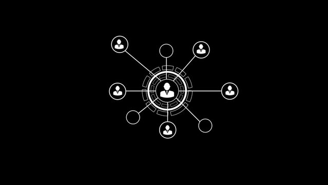 Abstract digital illustration of network and human connection icons representing people connected to a core center and communication channels.