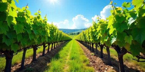 Naklejka premium Sun-drenched rows of lush, healthy grapevines stretching across a rolling vineyard landscape under a clear blue sky Ready for harvest, the vines are heavy with ripening grapes , wine, rows
