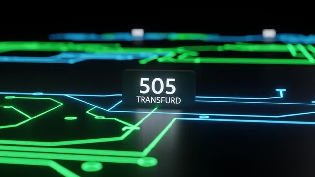 Animated Transfurd 505 Circuit Board with Glowing Green and Blue Traces on Black Background