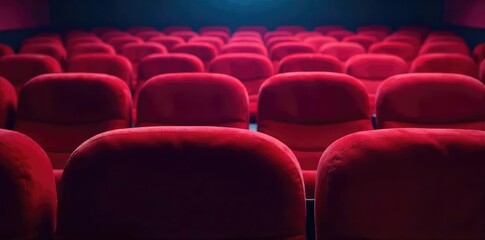 Obraz premium Close-up of plush velvet theater seats, soft lighting illuminating the empty rows, creating a serene and peaceful atmosphere perfect for relaxation , plush, entertainment, comfort