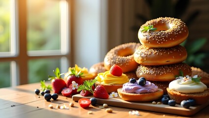 Vibrant Breakfast Pyramid of Assorted Bagels with Colorful Cream Cheeses and Fresh Toppings on Wooden Table for National Junk Food Day