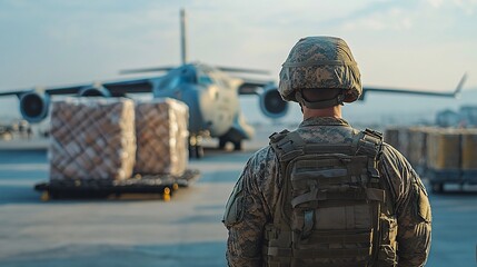 Military Logistics, Soldier Overseeing Cargo Unloading from Transport Plane