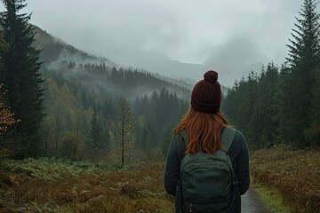 Woman with backpack admires misty mountain scenery