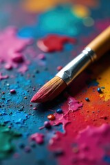 Fototapeta premium Close-up of a paintbrush resting on a painter's palette, vibrant paint colors swirling Ready for the next stroke of artistic genius A still life of artistic tools , craft, painting supplies, canvas