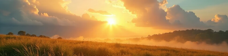 Obraz premium Golden sunlight streams through fluffy clouds on a tranquil Sunday morning, casting a warm glow on a serene landscape , dawn, sunlight, beautiful