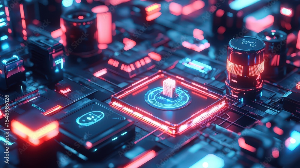 Poster digital circuitry action futuristic environment 3d visualization technology concept neon lights cybe