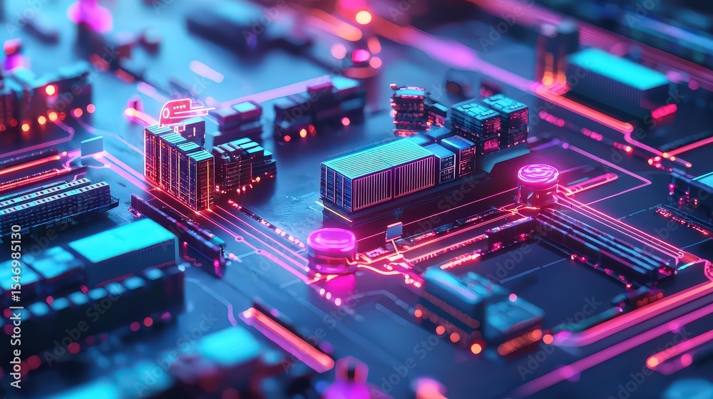 Poster futuristic circuit board design digital workshop technology art neon environment aerial view innovat