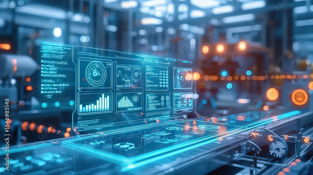 Poster Industrial automation insights smart factory data visualizations high-tech environment futuristic view efficiency concepts