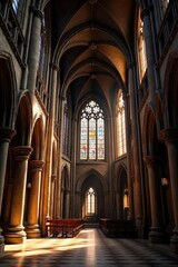 Awe-inspiring gothic cathedral, intricate stone carvings, soaring arches, stained-glass windows illuminating the nave A testament to faith and architectural mastery , stone, carving, ancient