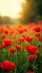 Naklejka premium A vibrant field of red poppies swaying gently in the summer breeze, bathed in golden sunlight Perfect for themes of remembrance, peace, and the beauty of nature , rural, vibrant, blossom