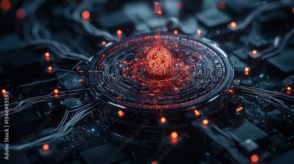 Leinwandbilder Dynamic data sphere illuminating network circuits digital realm 3d visualization futuristic environment aerial perspective tech concept