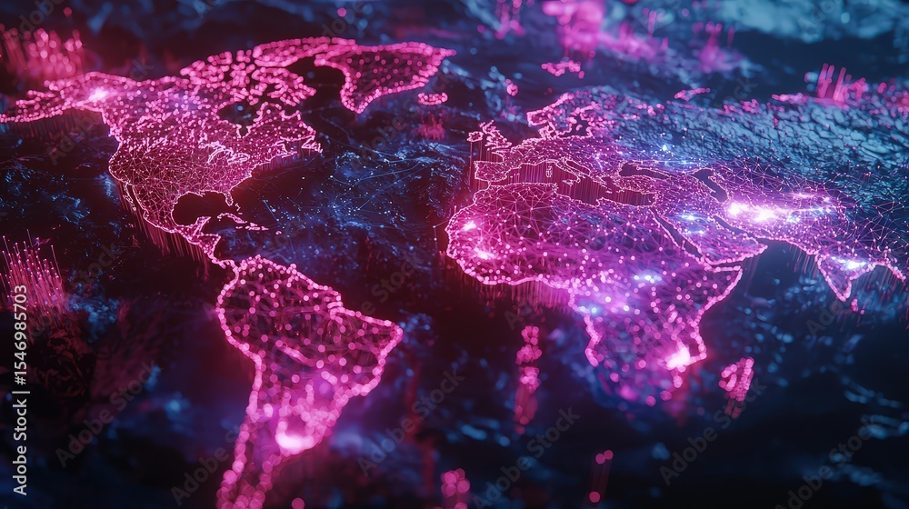 Poster Digital transformation in global connectivity world map visualization infographic style futuristic environment aerial view data representation