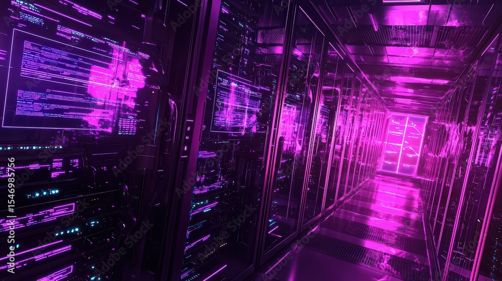 Poster futuristic data center operations cybersecurity hub digital environment neon alley immersive perspec