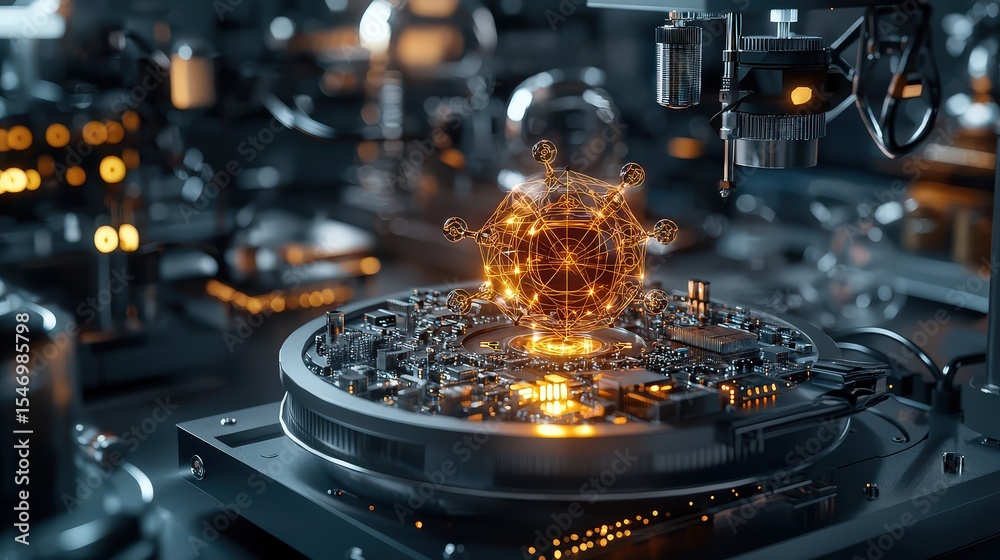 Poster innovative technology demonstration of a virtual networked sphere industrial lab 3d render futuristi