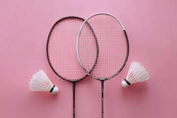Close-up of a white badminton shuttlecock on a blue and yellow floor in an indoor sports hall, with a blurred background and bokeh lights, captured with a wide-angle lens.