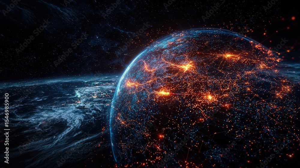 Poster Celestial event illuminates earth’s surface space digital art cosmic environment aerial view visualizing interstellar connections