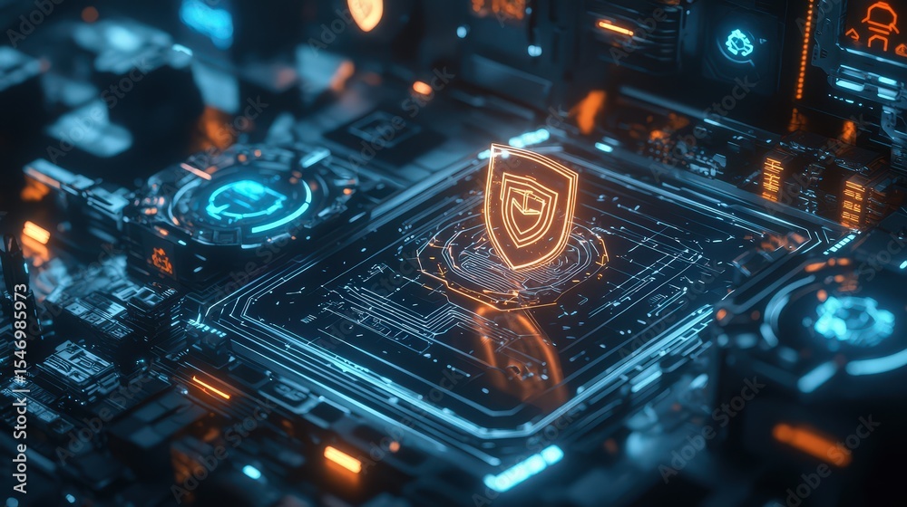 Poster Digital shield cybersecurity innovations virtual environment tech visualization futuristic design close-up protection strategies
