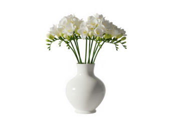 White freesia flowers in vase isolated on transparent background