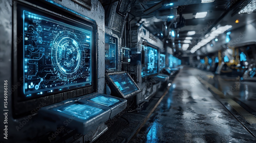 Poster futuristic control room adventure sci-fi environment digital interfaces futuristic technology intric