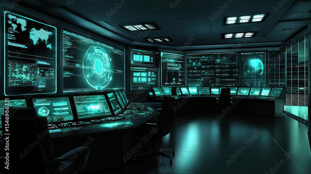 Poster Advanced control room operations high-tech facility digital interface futuristic environment overview perspective