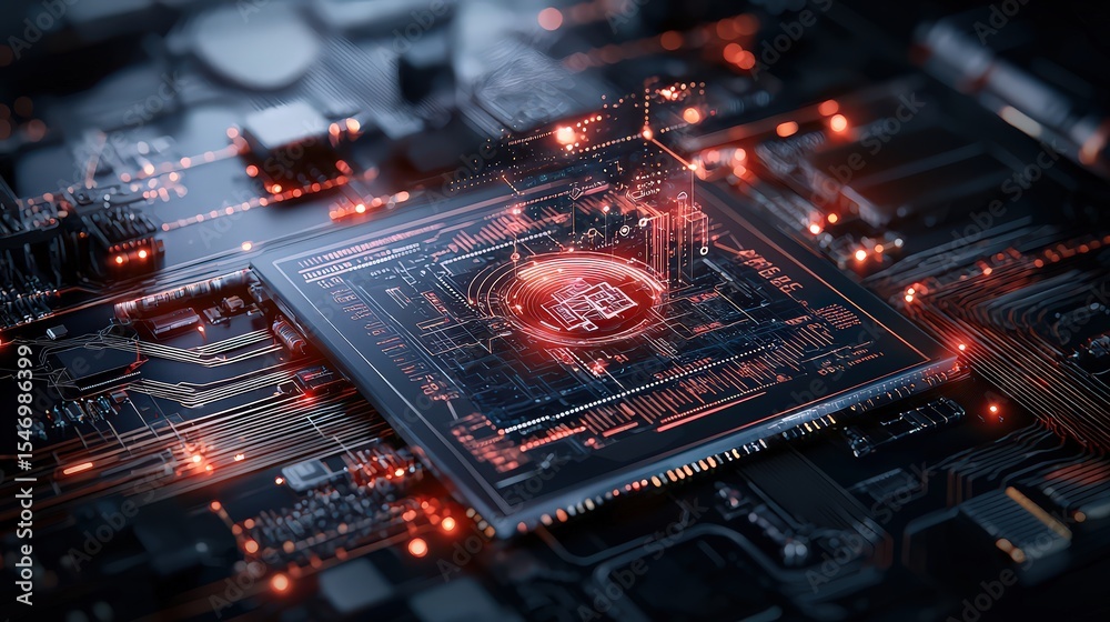 Poster innovative technology circuit board modern workshop digital art high-tech environment close-up view 