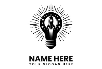 A lightbulb containing a rocket ship taking off, surrounded by stars and radiating light.