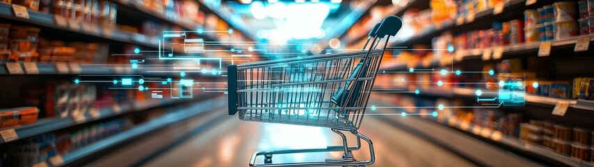 Shopping cart in supermarket environment digital technology influence retail space modern concept futuristic view